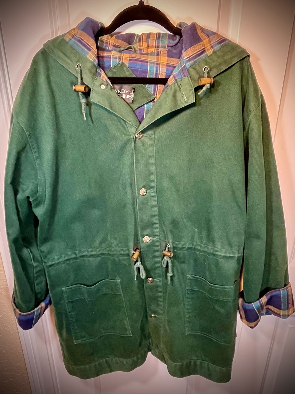 Genuine Andy John’s Green Hooded Parka Jacket with Plaid Lining -